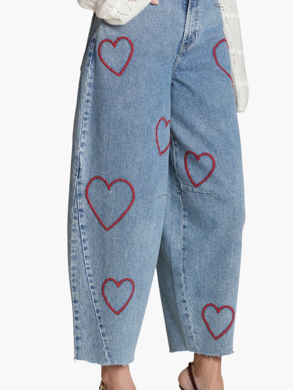 Avec Les Filles Light Blue Wide-Leg Denim Jeans with Red Heart Embroidery - Picture 3 of 7